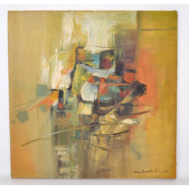 1976 Signed Abstract Oil Painting on Canvas in Hues of Earth Tone Colors For Sale - Image 12 of 13