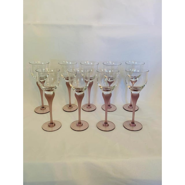 Late 20th Century Vintage Frosted Dusty Rose-Color Stem Deco-Style Wine Glasses- Set of 9 For Sale - Image 5 of 13