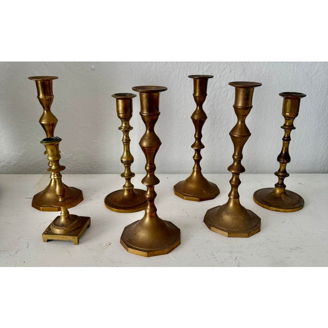 Boho Chic Collection of Solid Brass Candlesticks, S/7 For Sale - Image 3 of 4