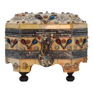 Antique Etched With Henna Bone Trinket Box With Enameled Turquoise