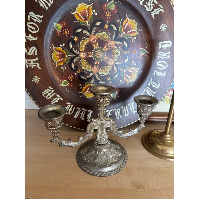 Metal Vintage Ornate 3-Arm Candelabra For Sale - Image 7 of 12