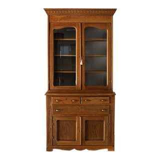 Mid 20th Century Oak Stepback Cupboard & Glass Display Hutch For Sale