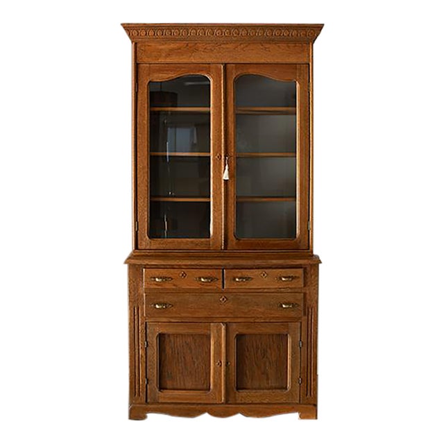 Mid 20th Century Oak Stepback Cupboard & Glass Display Hutch For Sale
