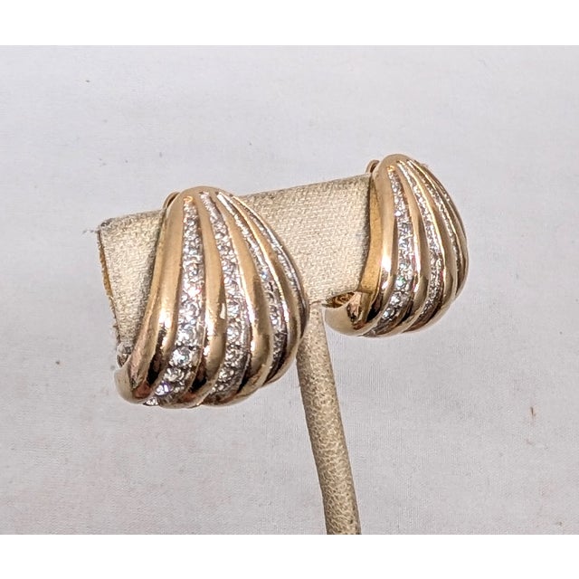 American Vintage 1980s Signed Panetta Goldtone Clear Rhinestone Clip Earrings-2 Pieces For Sale - Image 3 of 8