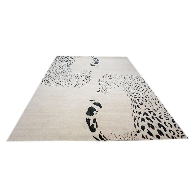 Modern Nepalese Wool & Silk 9x14 Ivory & Black Jaguar Handmade Area Rug #1144032