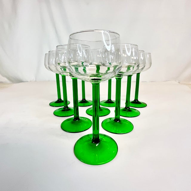 French Mid 20th Century French Hollywood Regency Bottle Green Stem Wine Glasses - Set of 10. For Sale - Image 3 of 9