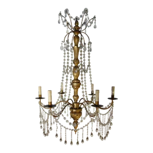 Vintage Italian Gold Painted Genova Chandelier with Cut Glass Drops and Strands, Unwired