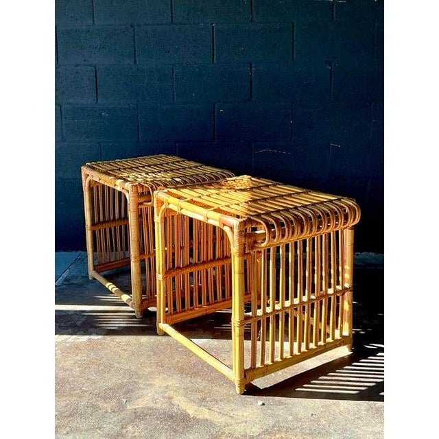Mid-Century Modern Vintage Boho Stick Rattan Side Tables - A Pair For Sale - Image 3 of 10