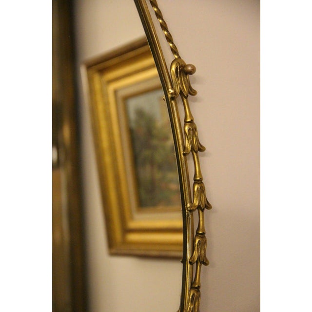 Oval Brass Wall Mirror with Neoclassical Decoration and Brass Chain, 1950s For Sale - Image 13 of 17