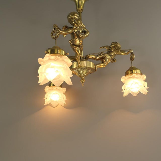 Gold Antique Chandelier with 3 Putti, France, 1910s For Sale - Image 8 of 11