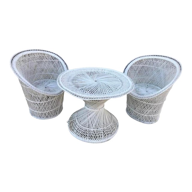 Vintage Mid to Late 20th Century Wicker Barrel Chairs and Round Table, Child Sized, Set of 3 For Sale