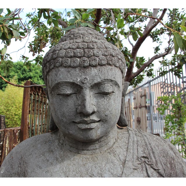 Asian Antique Antique Asian Balinese Stone Sitting Buddha Statue For Sale - Image 3 of 6