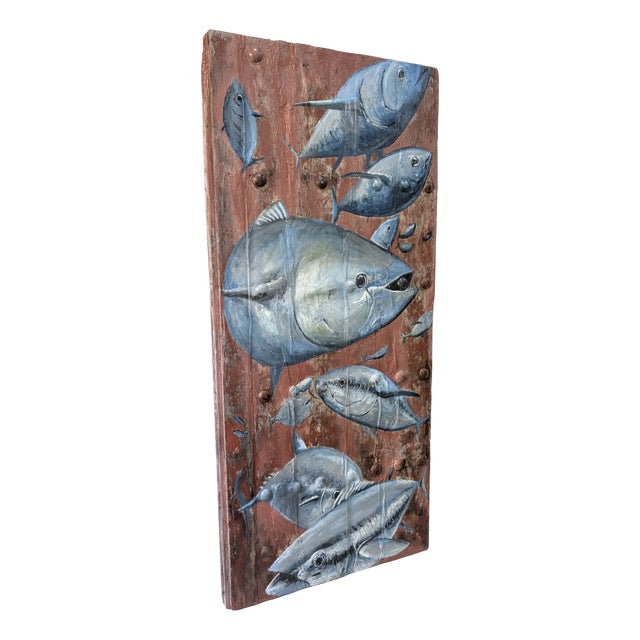 19th Century Spanish Farmhouse Gate with Marine Mural of Tuna For Sale