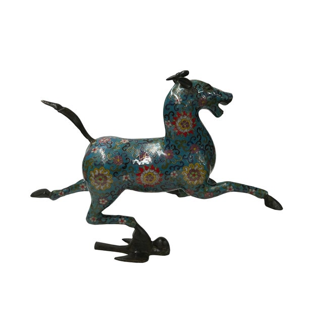 Chinese Turquoise Teal Enamel Galloping Horse Treading on a Flying Swallow Metal Figure For Sale - Image 12 of 12