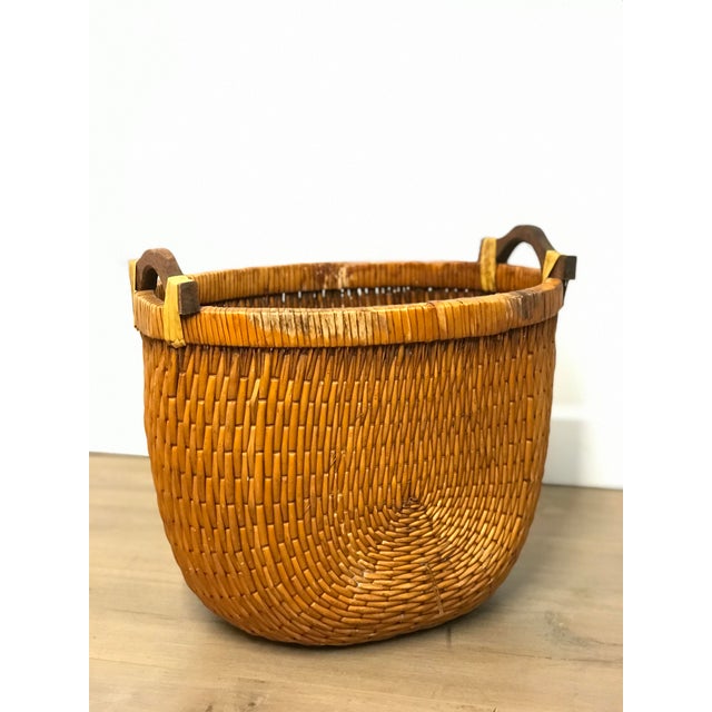 Mid20th Century Woven Reed Basket With Wood Handles Chairish