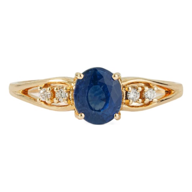 Vintage Style 1.01ct Blue Sapphire Birthstone 14k Gold Diamond Proposal Ring Size 9 For Sale