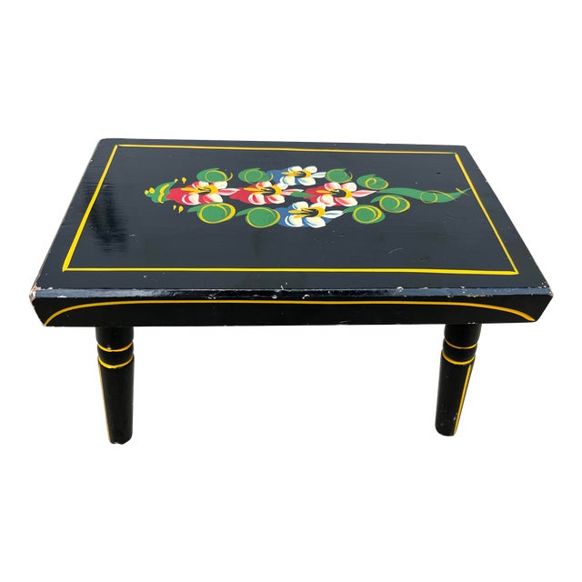 Vintage Original Signed and Dated 1969 J. S. Ebersol Amish Floral Hand Carved and Painted Black Lacquer Stool or Footrest With Turned Legs For Sale