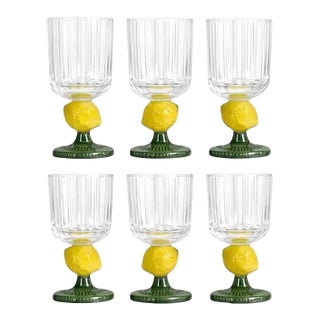 Bordallo Pinheiro Style Green Stem Lemon Motif Hand Blown Fluted Glass Goblets - Set of 6 For Sale