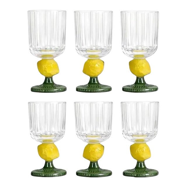 Bordallo Pinheiro Style Green Stem Lemon Motif Hand Blown Fluted Glass Goblets - Set of 6 For Sale