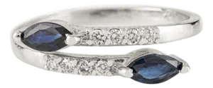 Modern Marquise Blue Sapphire and Diamond Bypass Ring Size 6 in 14k White Gold