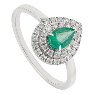 VRJewels 14k Gold Emerald Diamond Double Halo Vintage Engagement Ring Size 6 For Sale