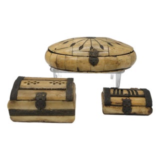 Curated Set of 3 Vintage Handcrafted Camel Bone & Brass Trinket Boxes For Sale