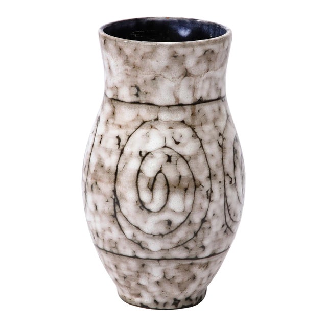 Mid-Century Modernist White and Earth Toned Ceramic Vase With Coiled Motif For Sale