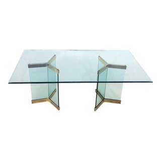 1970s Pace Collection Glass Dining Table With Double Pedestal Glass and Brass Base For Sale