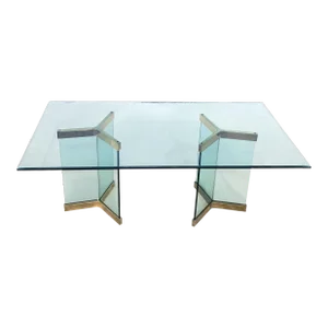 1970s Pace Collection Glass Dining Table With Double Pedestal Glass and Brass Base