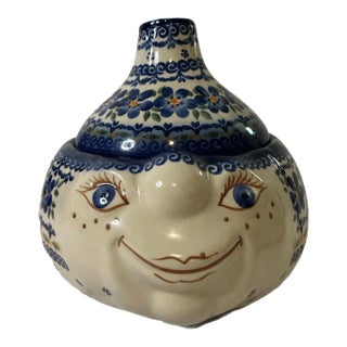 Vena Unikat Polish Pottery Face Jar – Hand-Painted & Signed. Garlic Jar For Sale
