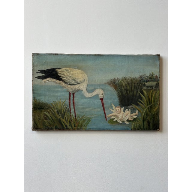 Victorian Antique Victorian Oil on Canvas Marsh Scene of Stork Delivering Baby, Circa 1880s For Sale - Image 3 of 15