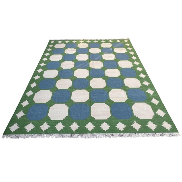 Handmade Woolen Flat Weave Swedish Pattern Blue, Cream and Moss Green Area Tile Rug - 8'x10' For Sale - Image 10 of 13