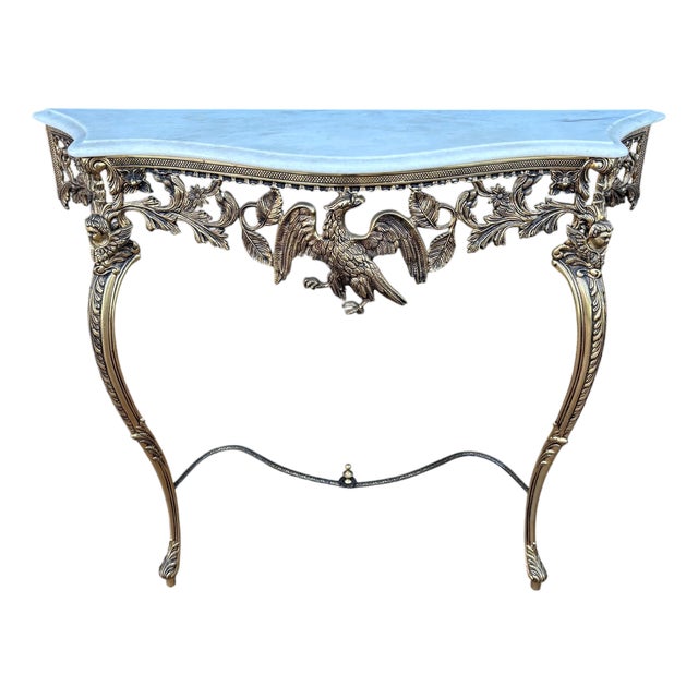 Neoclassical Gilt Bronze and Marble Console Table with Eagle Motif, 1940s For Sale