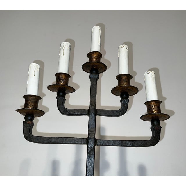 Black 1940s Pair of 5-arm wrought iron candelabras For Sale - Image 8 of 12