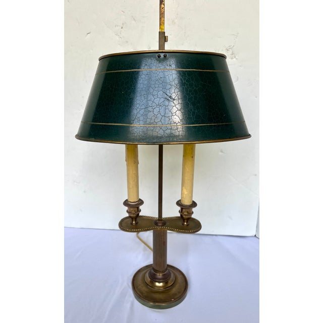 Vintage French Brass Bouillotte Two Candle Lamp W/Green Metal Shade For Sale - Image 10 of 14
