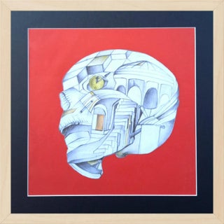'Vanity Skull' Framed Original Italian Surrealist Imaginary Pencils Drawing Circa 1990 For Sale