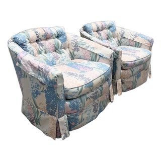 Vintage Postmodern Tufted Swivel Barrel Chairs - A Pair For Sale