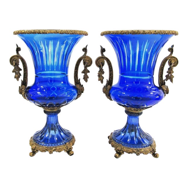 Pair Antique Cobalt Blue Glass Vases With Ornate Bronze Rim, Handles and Mount For Sale