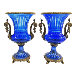 Pair Antique Cobalt Blue Glass Vases With Ornate Bronze Rim, Handles and Mount