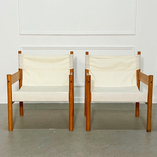 Mid-Century Modern 60's Michel Arnoult attr. Sling Safari Beechwood and Canvas Armchairs - A Pair For Sale - Image 3 of 7