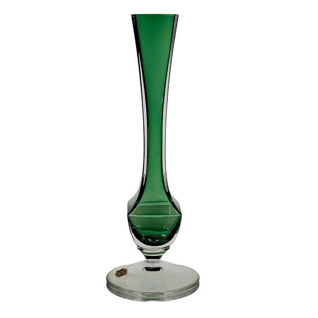 Signed Val Saint Lambert Emerald Green Cased Crystal Fluted Vase, Belgium 9.5" For Sale - Image 11 of 13