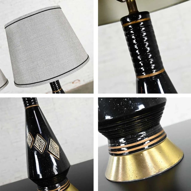 Mid-Century Modern Lamps Black Ceramic With Harlequin Style Diamond Design and Gray Shades For Sale - Image 9 of 13
