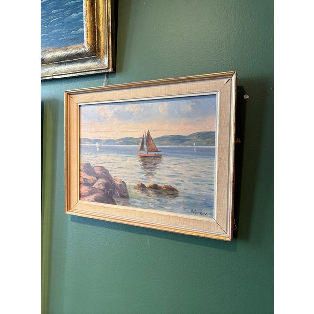 Vintage Seascape Oil Painting on Board in Original Frame For Sale - Image 4 of 5