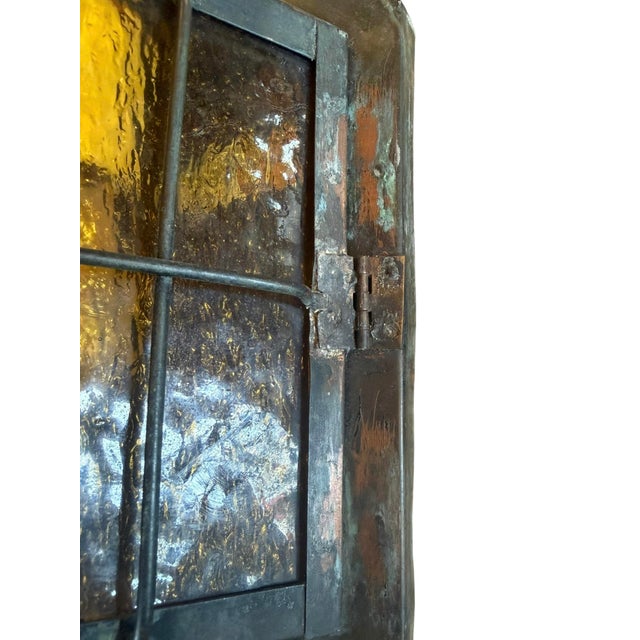 1920s Antique Copper Porch Lights With Original Verdigris Patina and Amber Glass For Sale - Image 5 of 8