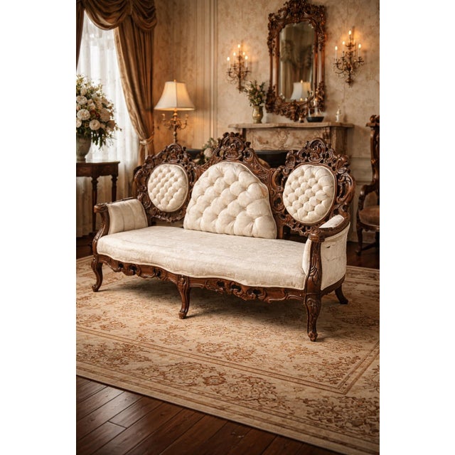 Antique Victorian Rococo carved walnut settee with crisp scrollwork and medallion back panels. Structurally solid frame...