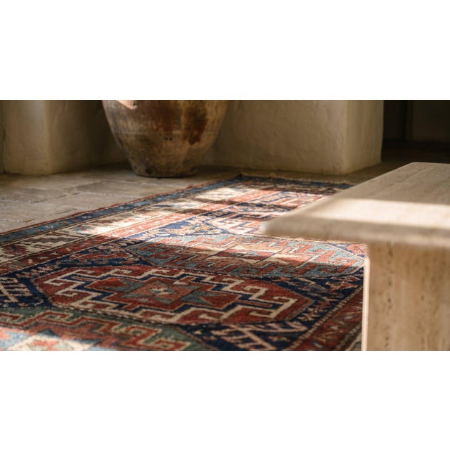 Navy Blue 1900s Blue Navy Medallion Antique Caucasian Moghan Rug 3'7" X 9'3" Handknotted Wool Carpet For Sale - Image 8 of 8