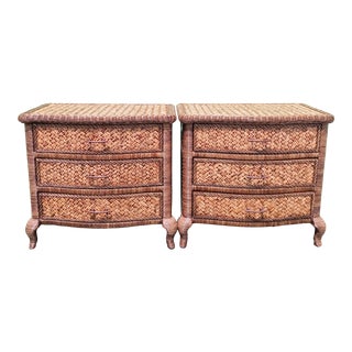 Oversized Glossed Braided Baker Style Wicker 3 Drawer Cabriole Leg Glass Top Nightstands- a Pair For Sale