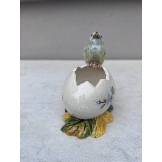 Rare Majolica chick with egg vase Jerome Massier with hand painted blue flowers, circa 1900. Length / 4.5 on 3.2 inches,...