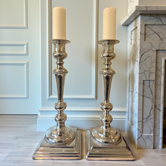 Monumental Pair of Substantial Silver-Plated Standing Floor Candlesticks - 25" Tall For Sale - Image 4 of 10