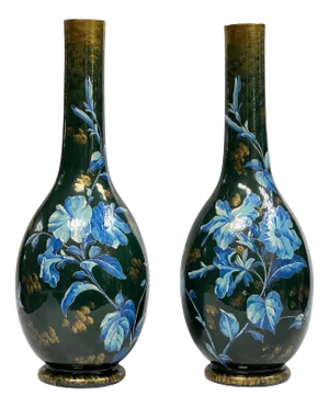 Large Antique Aesthetic Gilt and Floral Painted Glazed Ceramic Vases - A Pair